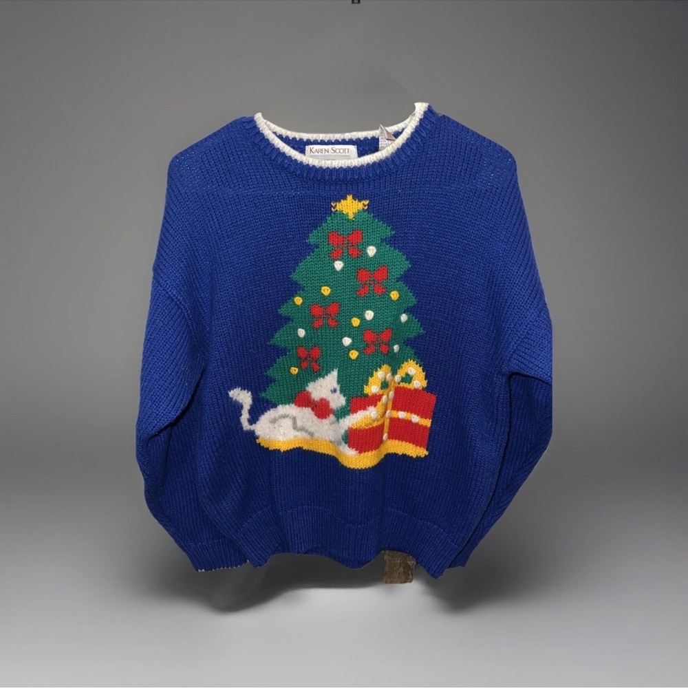 Vintage Karen Scott Christmas Tree Sweater Knitted Cat W Present Sz M